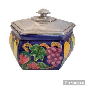 Hand Painted Tlalpan Mexico Caja Hexagon Fruits Pottery Covered Dish w Metal Lid